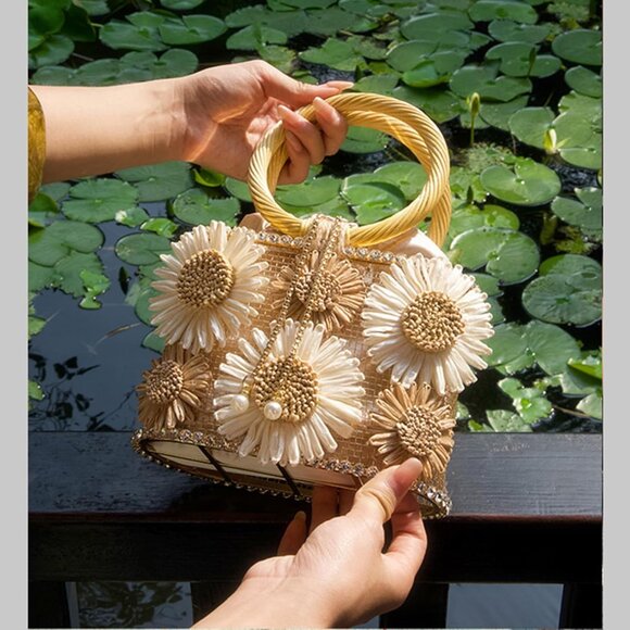 ⚡ Women's Brown White Flower Shaped Rhinestone Metallic Bucket Crossbody Bag - Picture 1 of 8